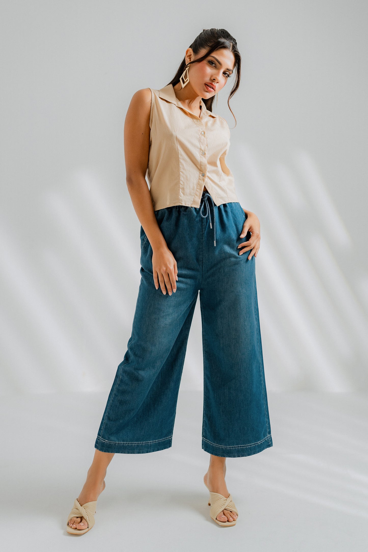 Chambray Cropped Wide Leg Pants - Hustle N Holla