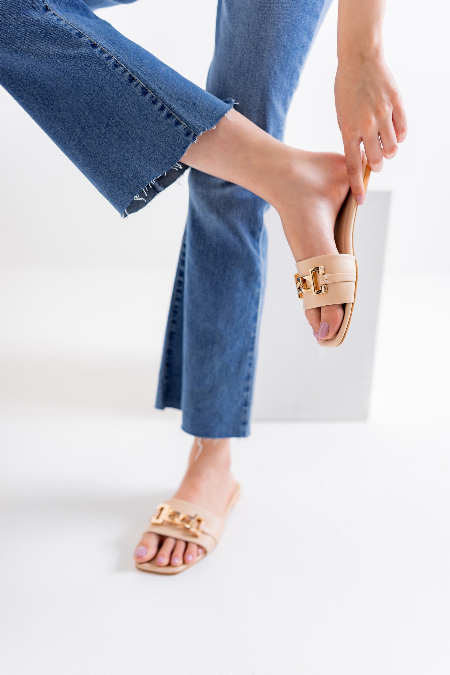 Beige Buckle Flats