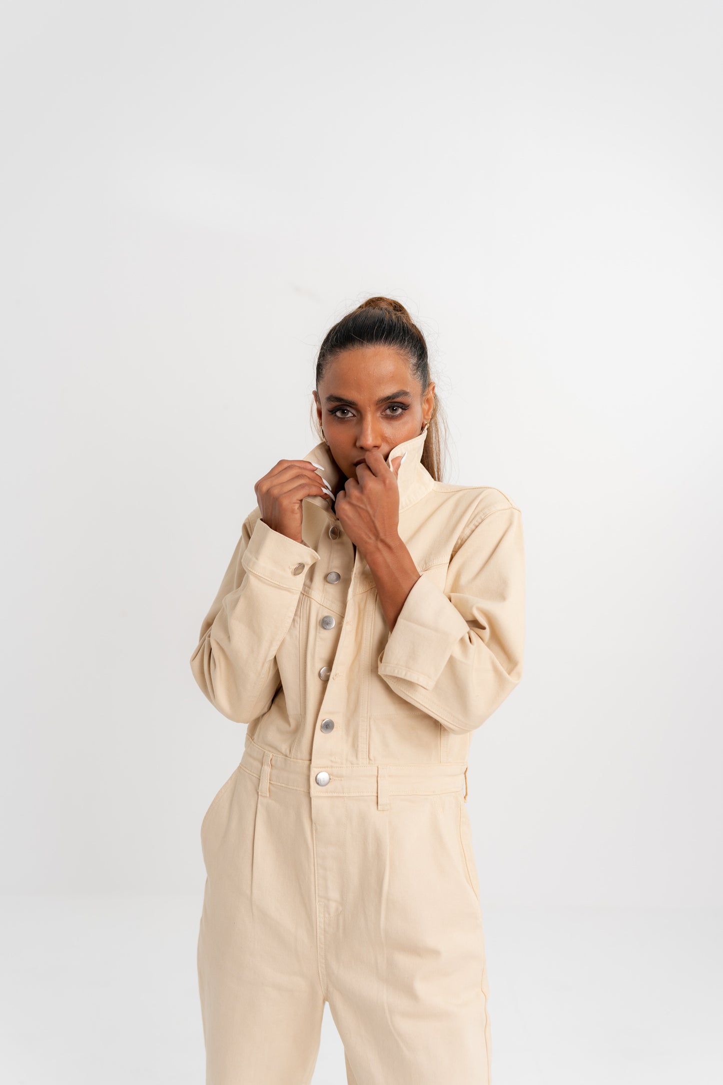 Beige Denim Jumpsuit