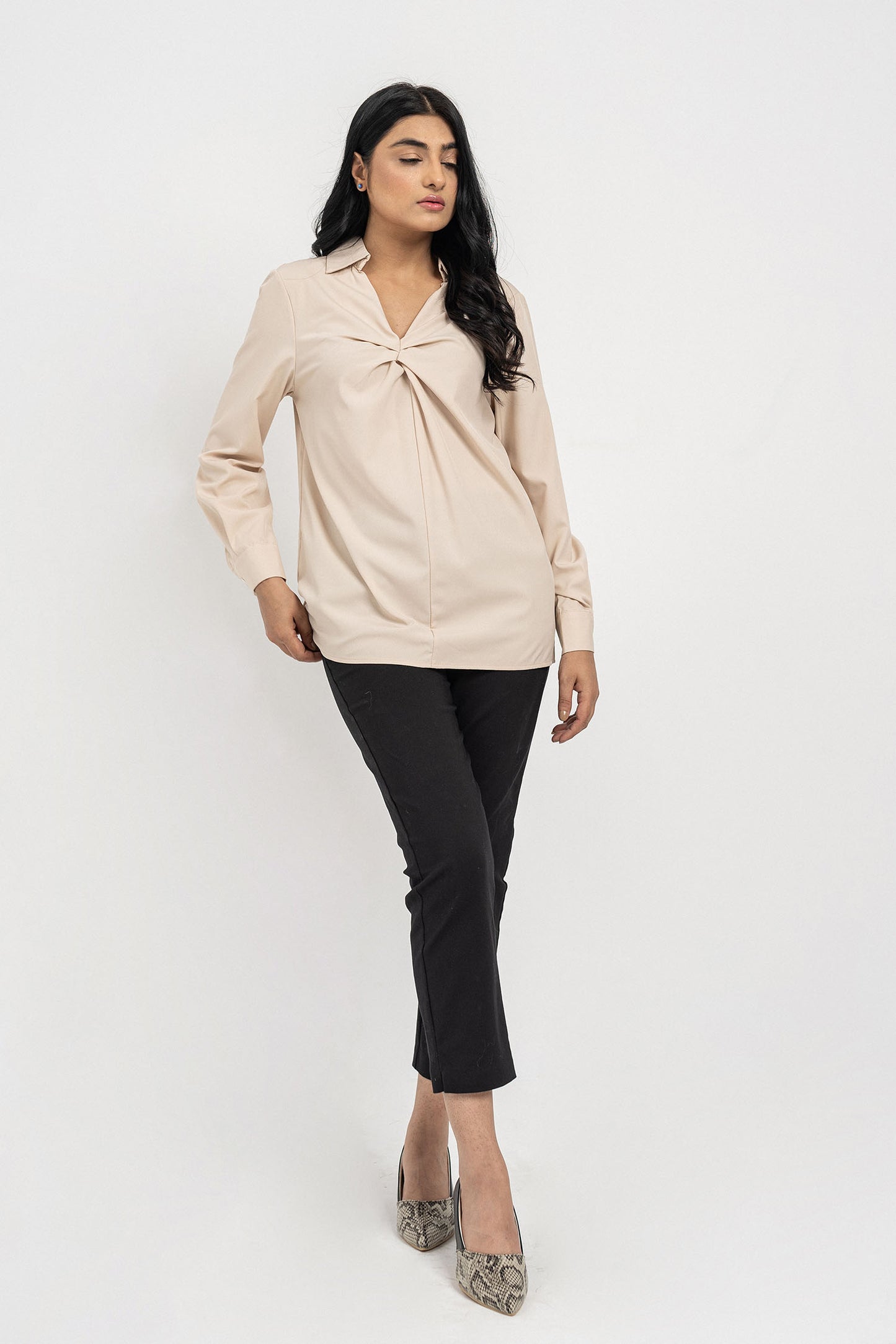 Beige Twisted Front Blouse
