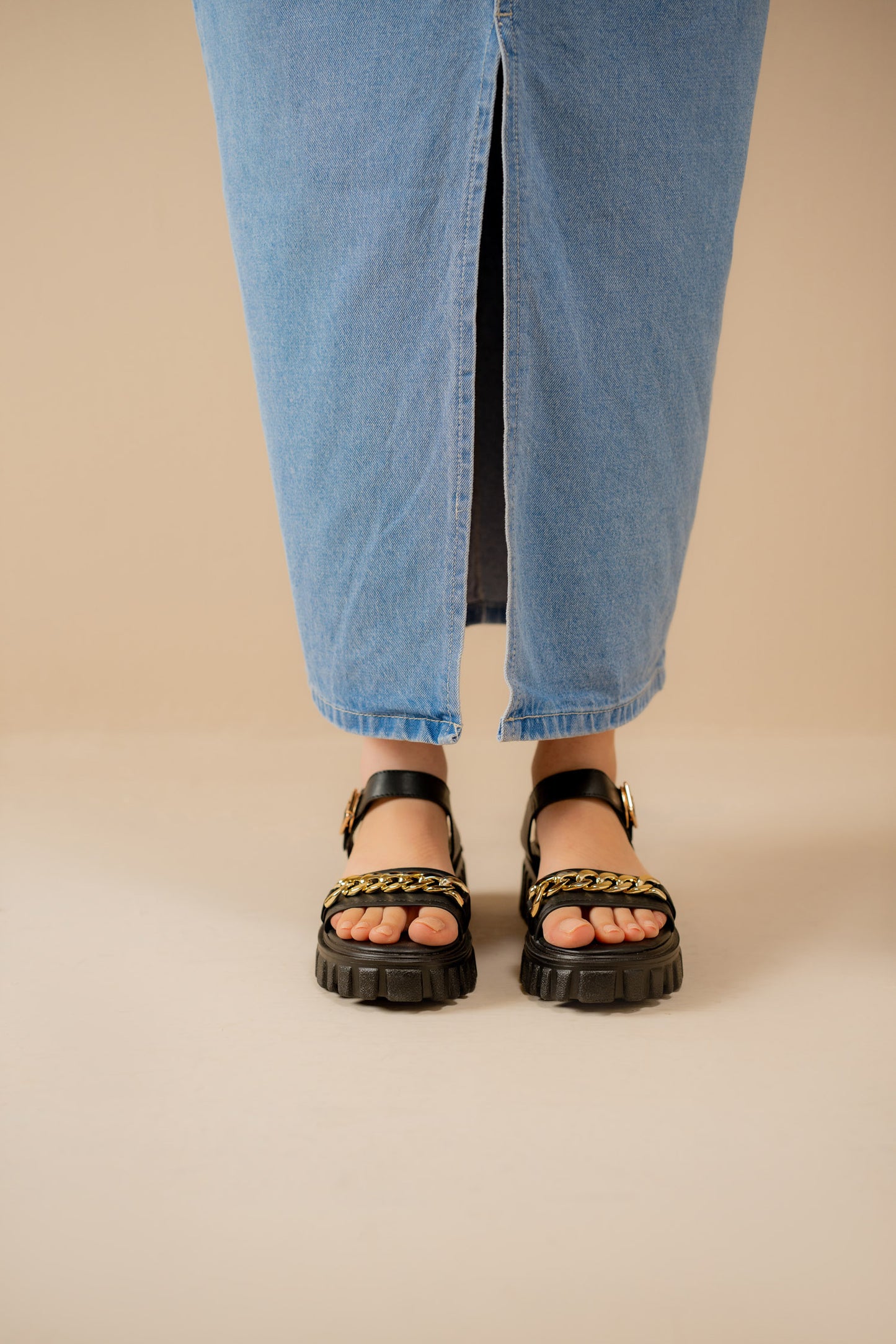 Black Chunky Sandals with Chain Detail