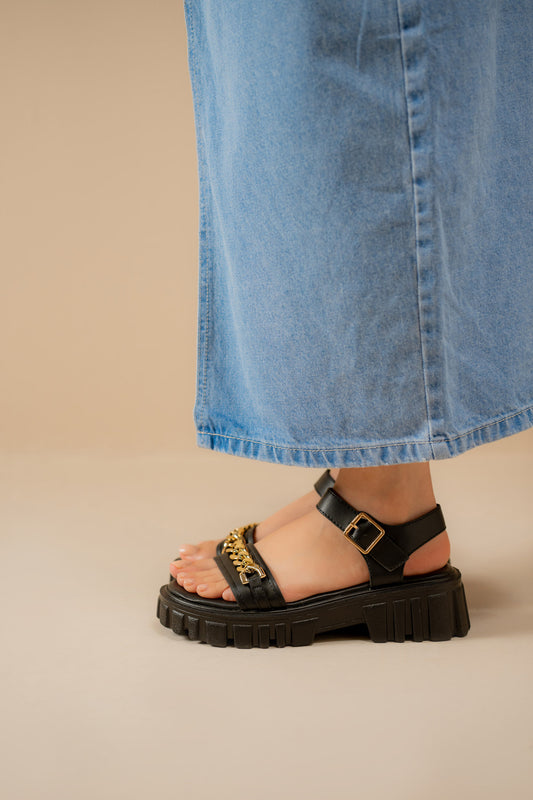 Black Chunky Sandals with Chain Detail