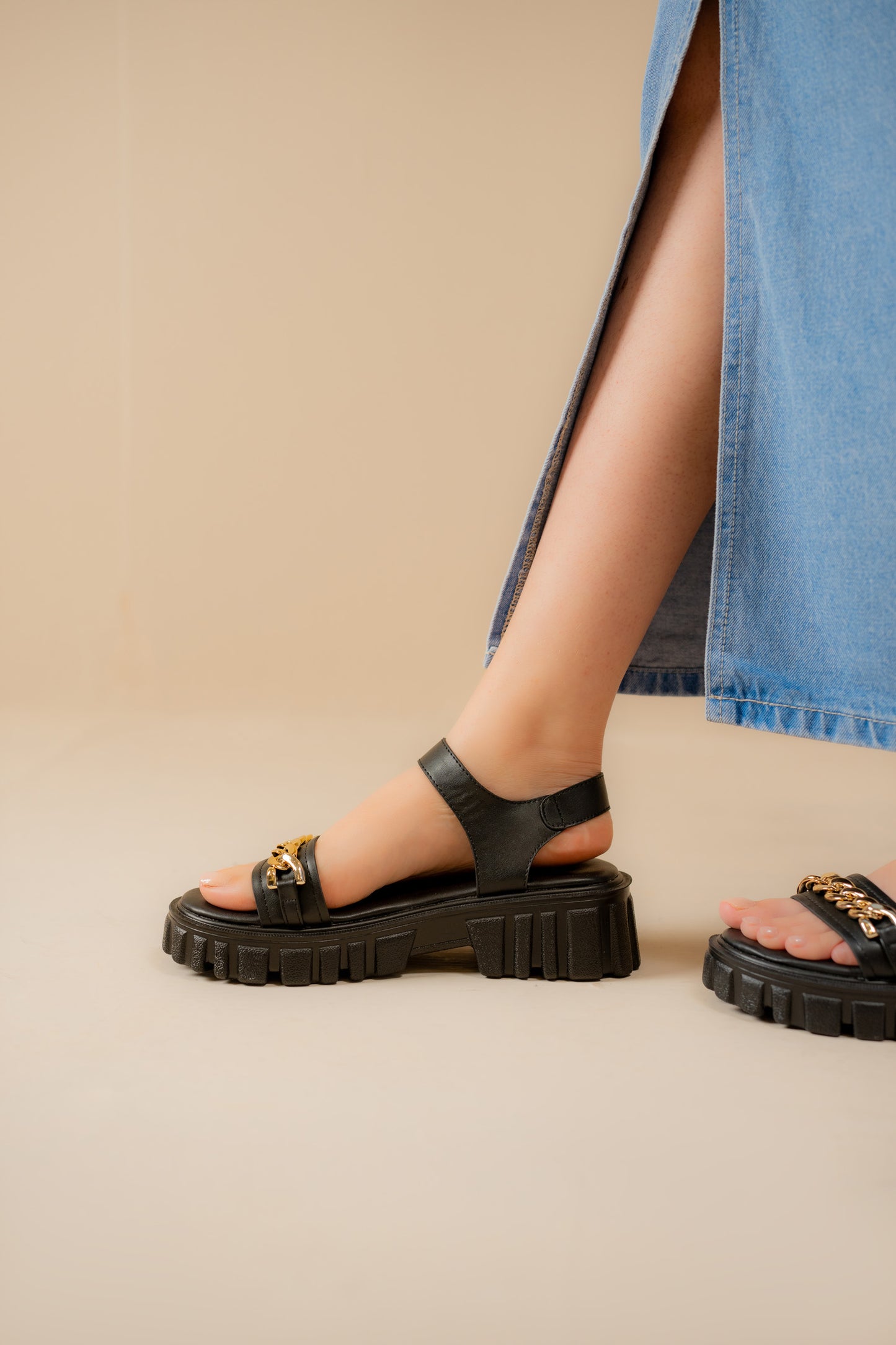 Black Chunky Sandals with Chain Detail