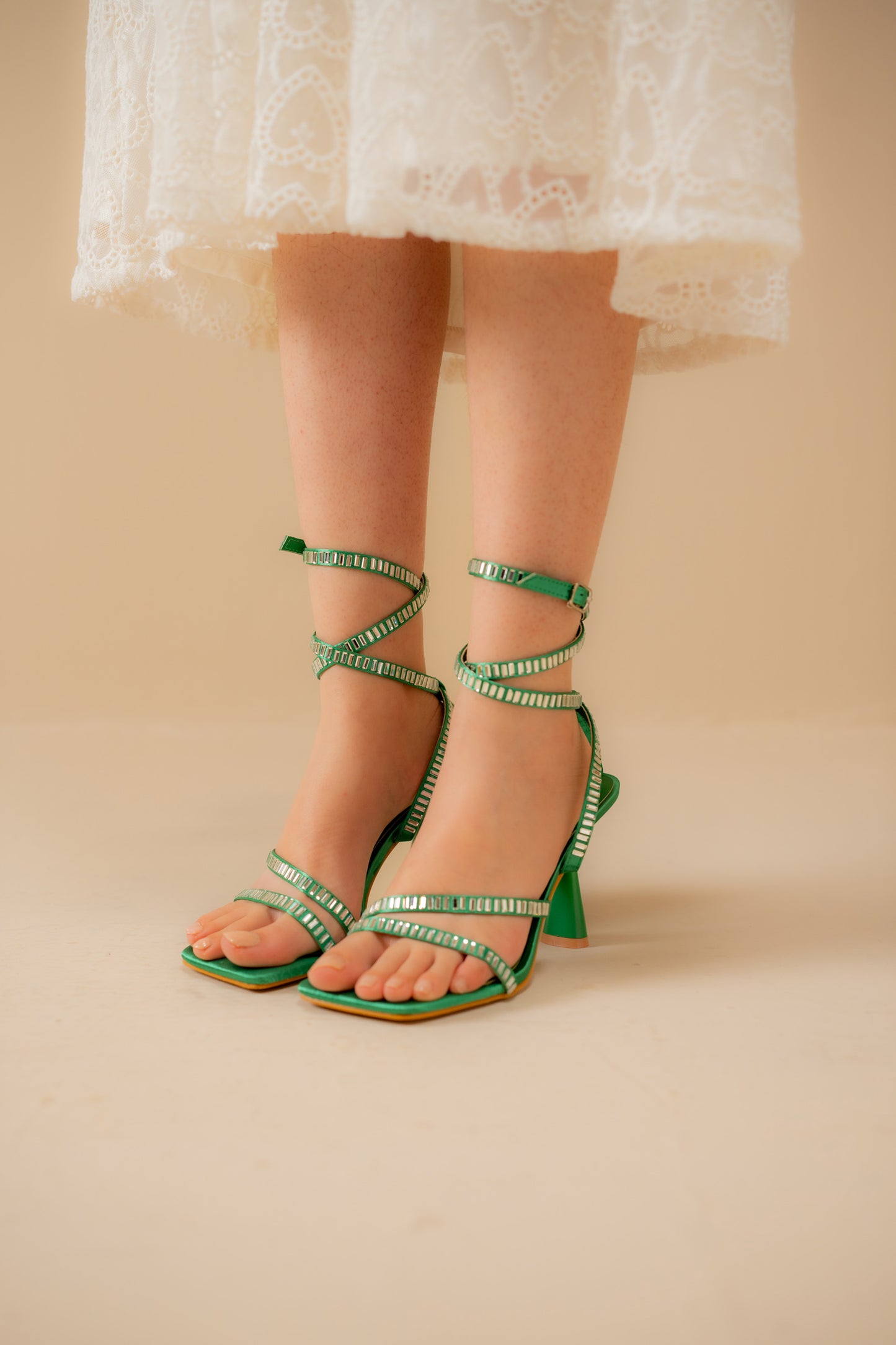 Green Embellished Strappy Heels