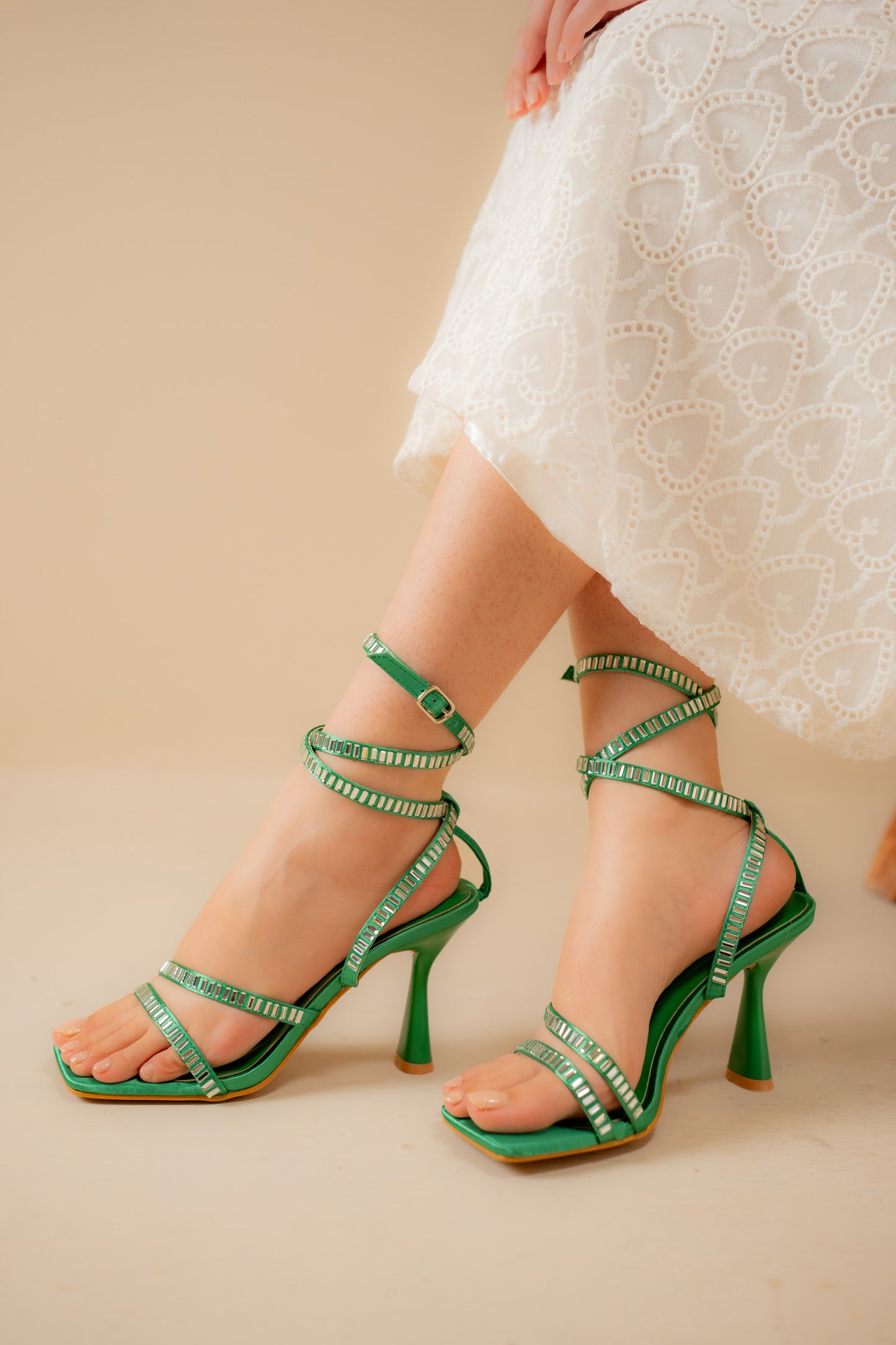 Green Embellished Strappy Heels