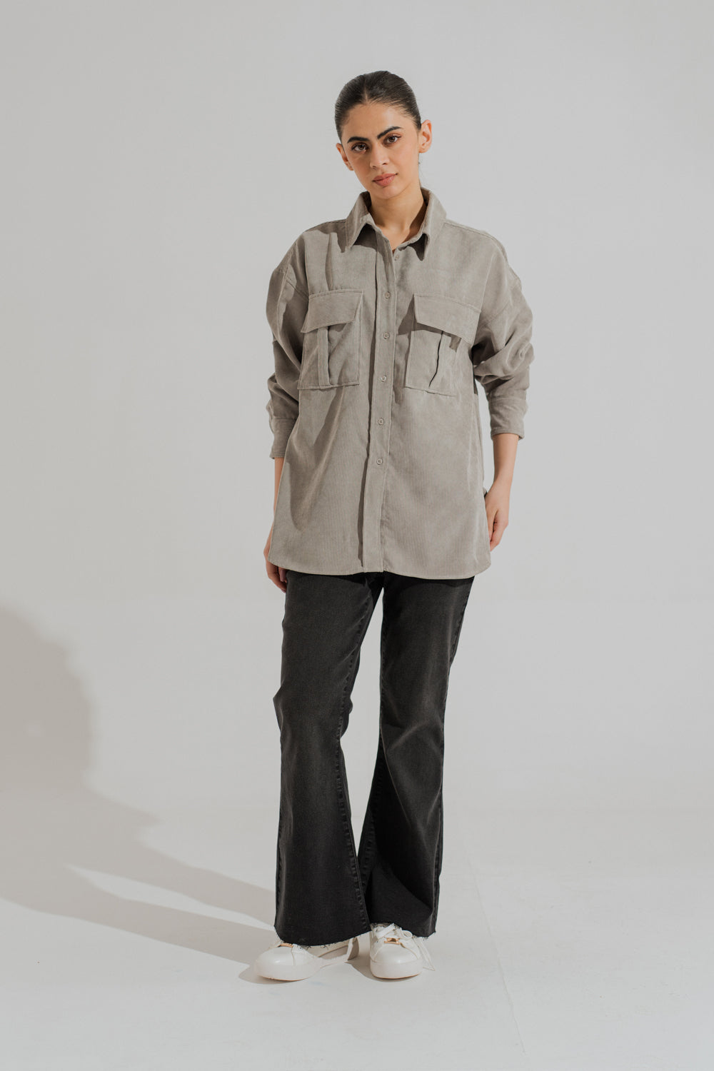 Grey Corduroy Relaxed Fit Button Down Shirt - Hustle N Holla