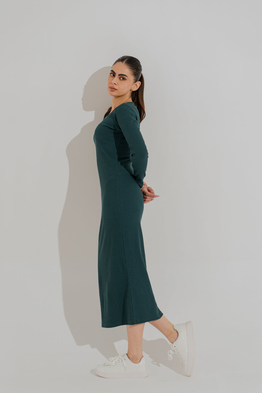 Emerald Green Basic Long Sleeves Midi Dress - Hustle N Holla