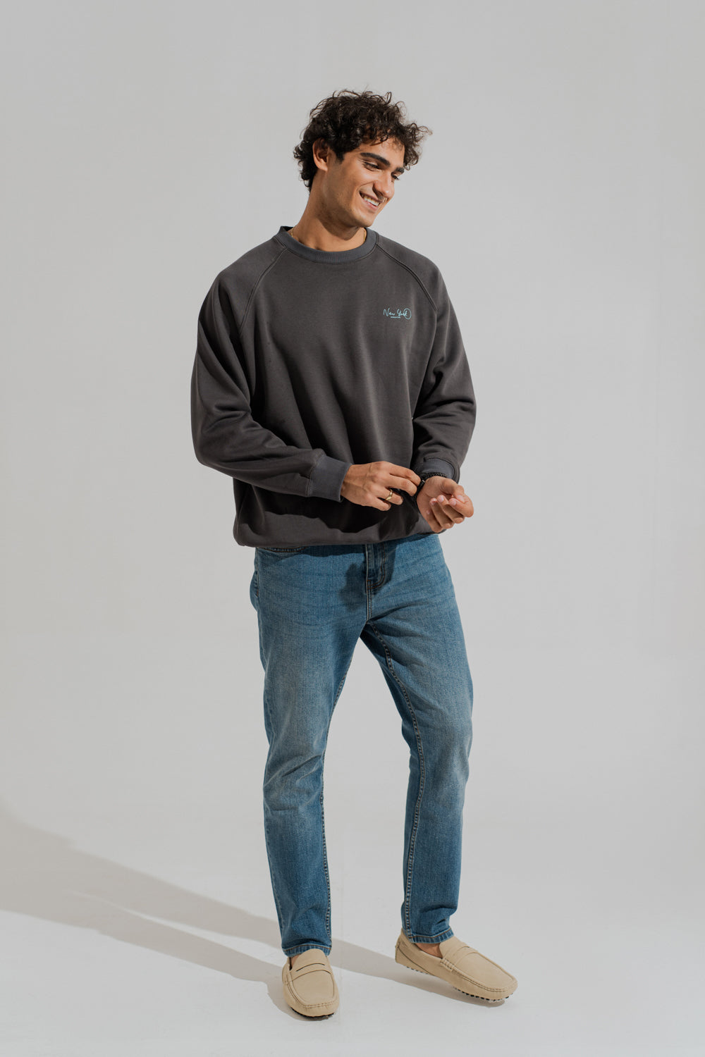 Charcoal Grey Relaxed Fit Raglan Graphic Sweatshirt - Hustle N Holla