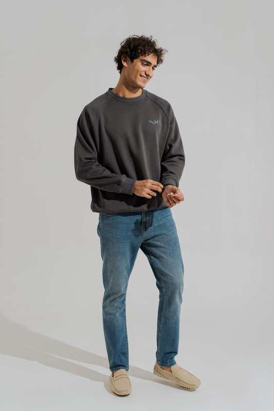 Charcoal Grey Relaxed Fit Raglan Graphic Sweatshirt - Hustle N Holla