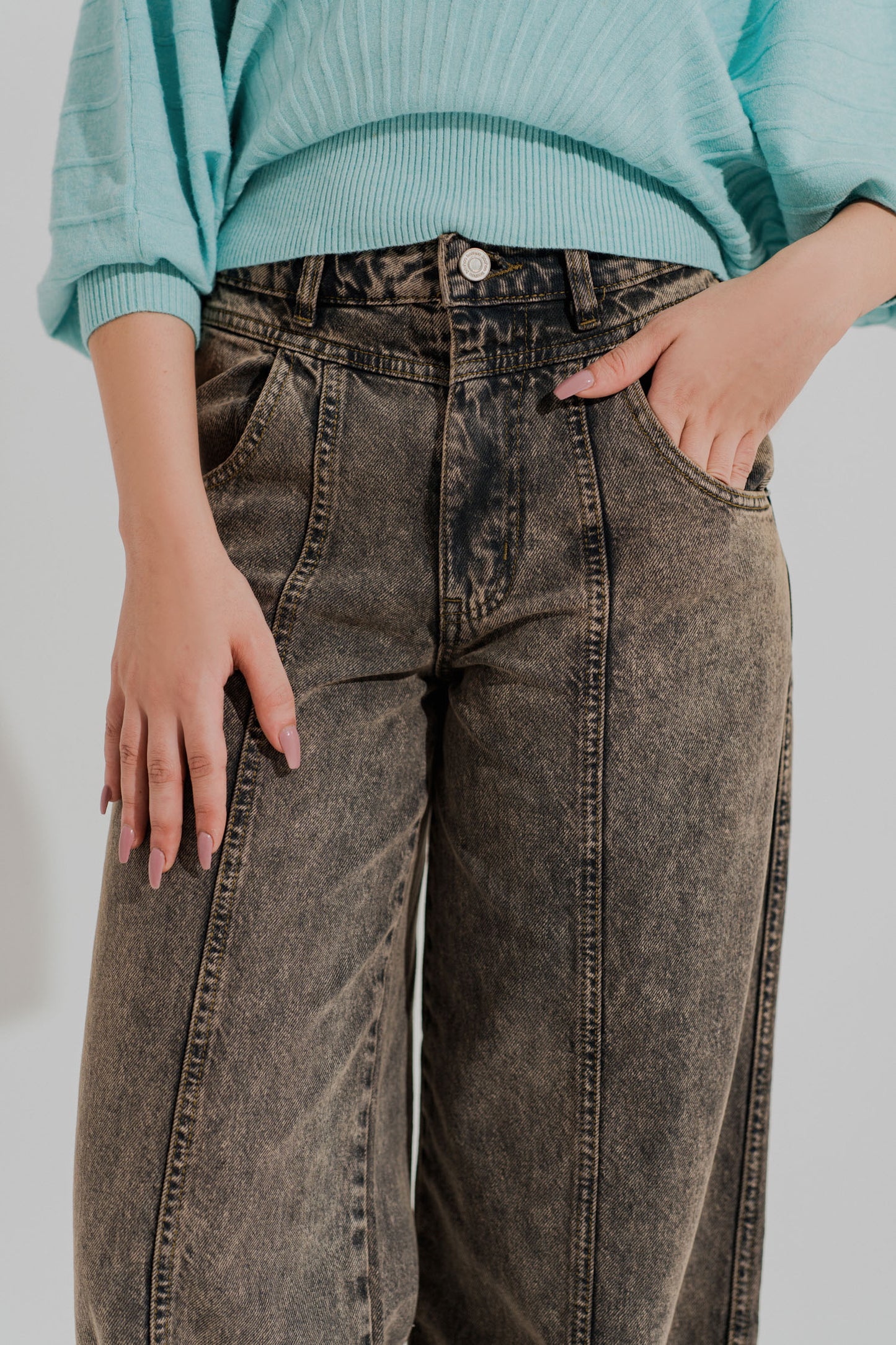 Grey Mid Wash Panelled Wide Leg Denim Jeans - Hustle N Holla