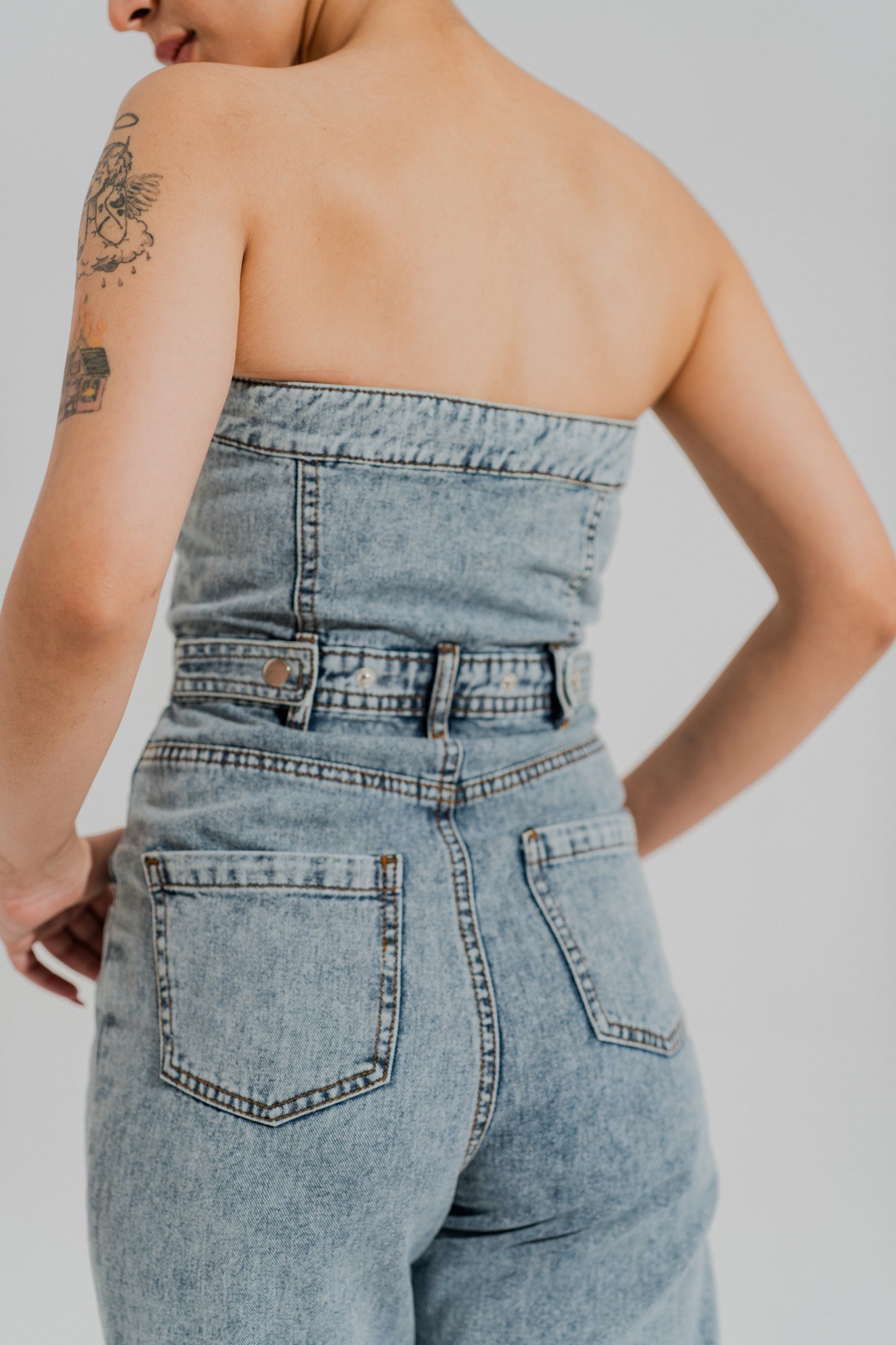 Light Washed Slim Fit Corset Jumpsuit - Hustle N Holla