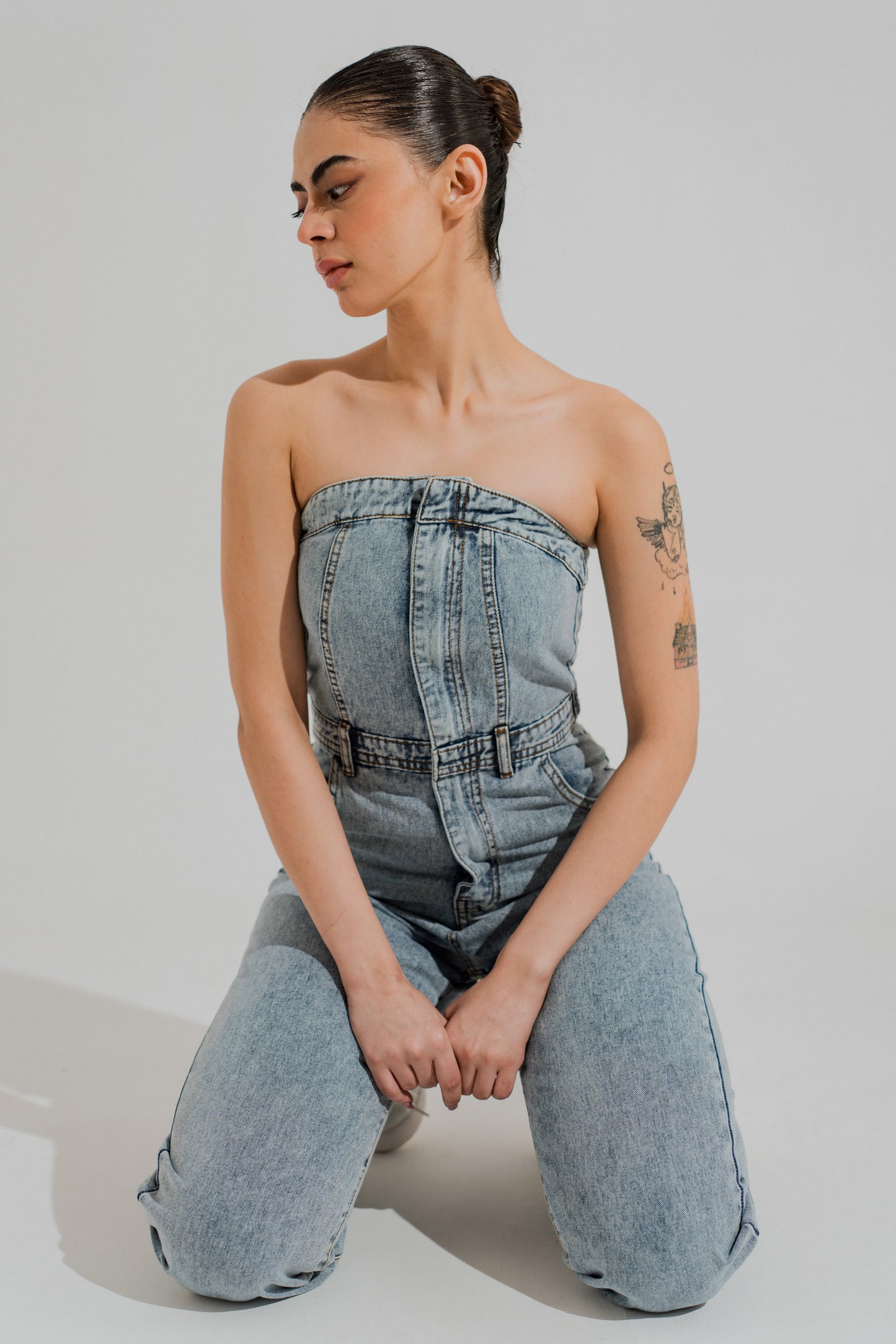 Light Washed Slim Fit Corset Jumpsuit - Hustle N Holla