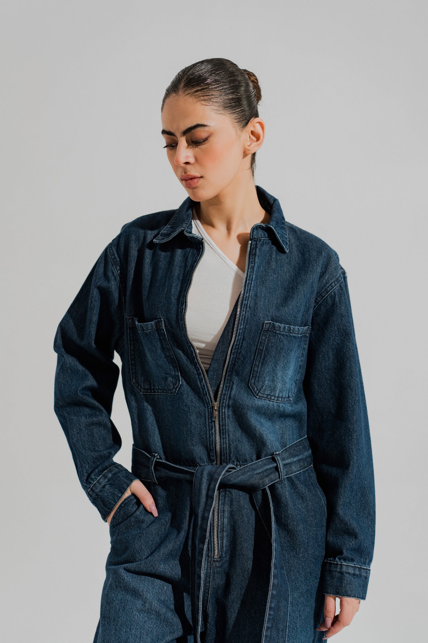 Indigo Wash Belted Denim Jumpsuit