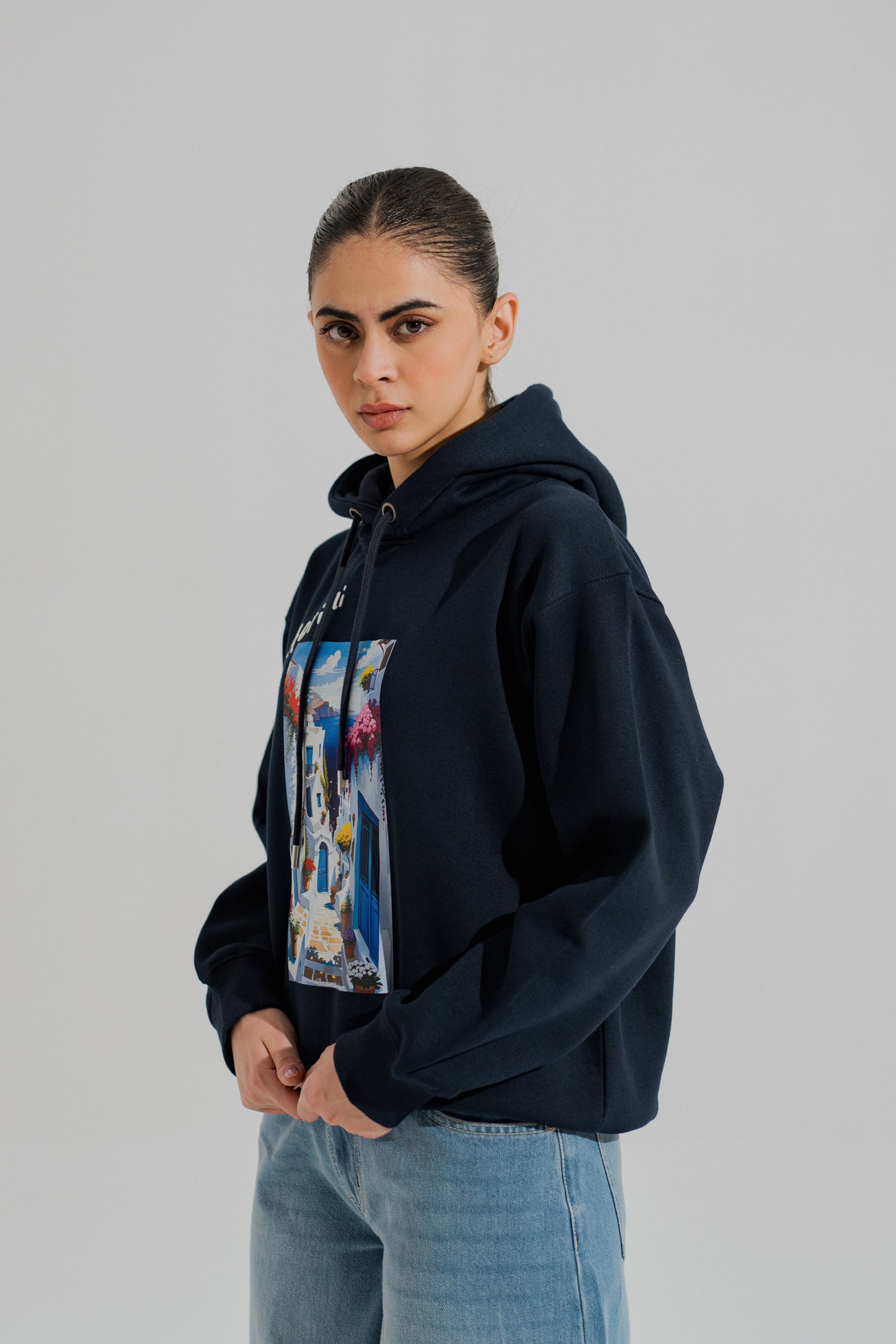 Navy Blue Oversized Graphic Pullover Hoodie - Hustle N Holla