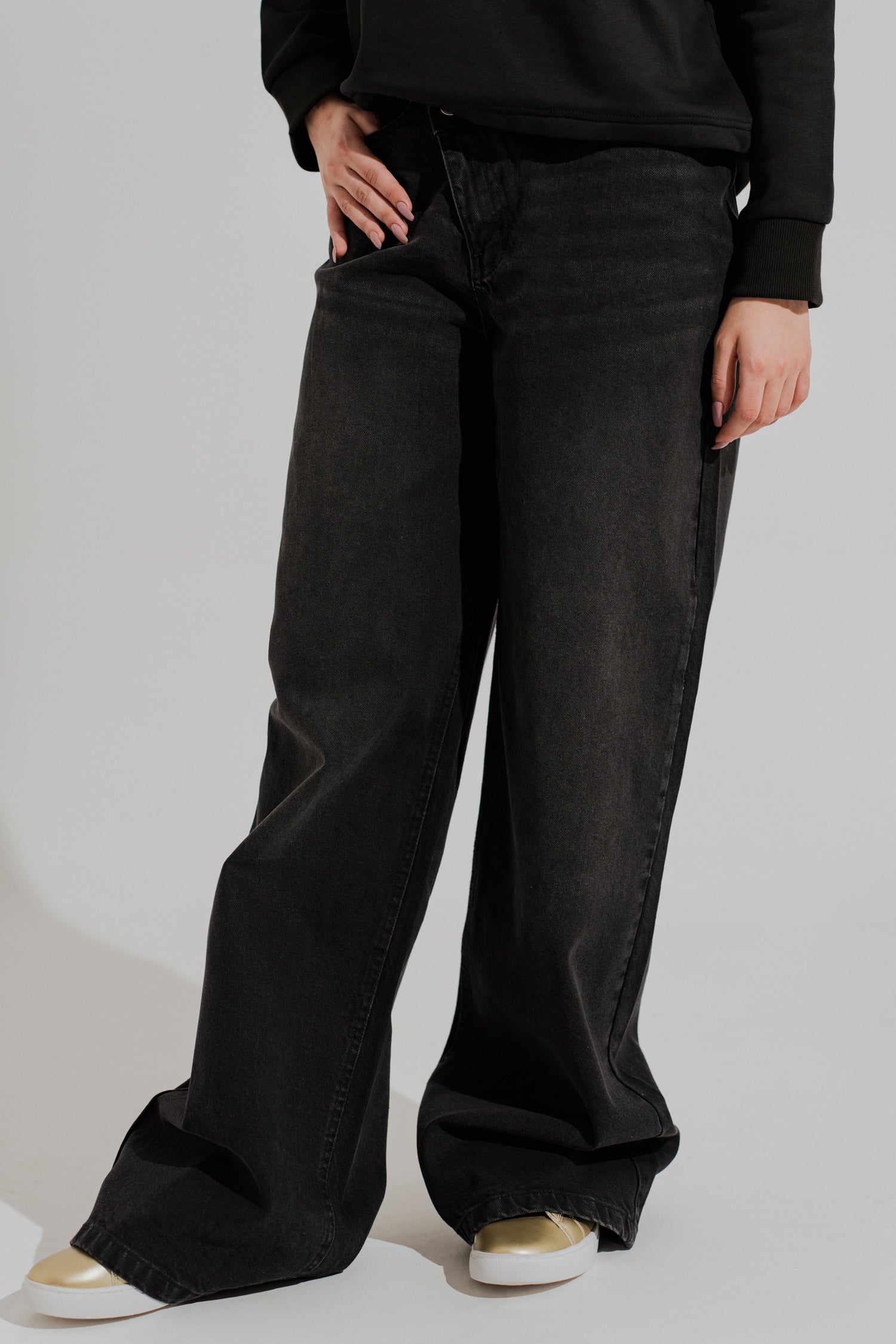Black Asymmetrical Waist Band Wide Leg Jeans - Hustle N Holla