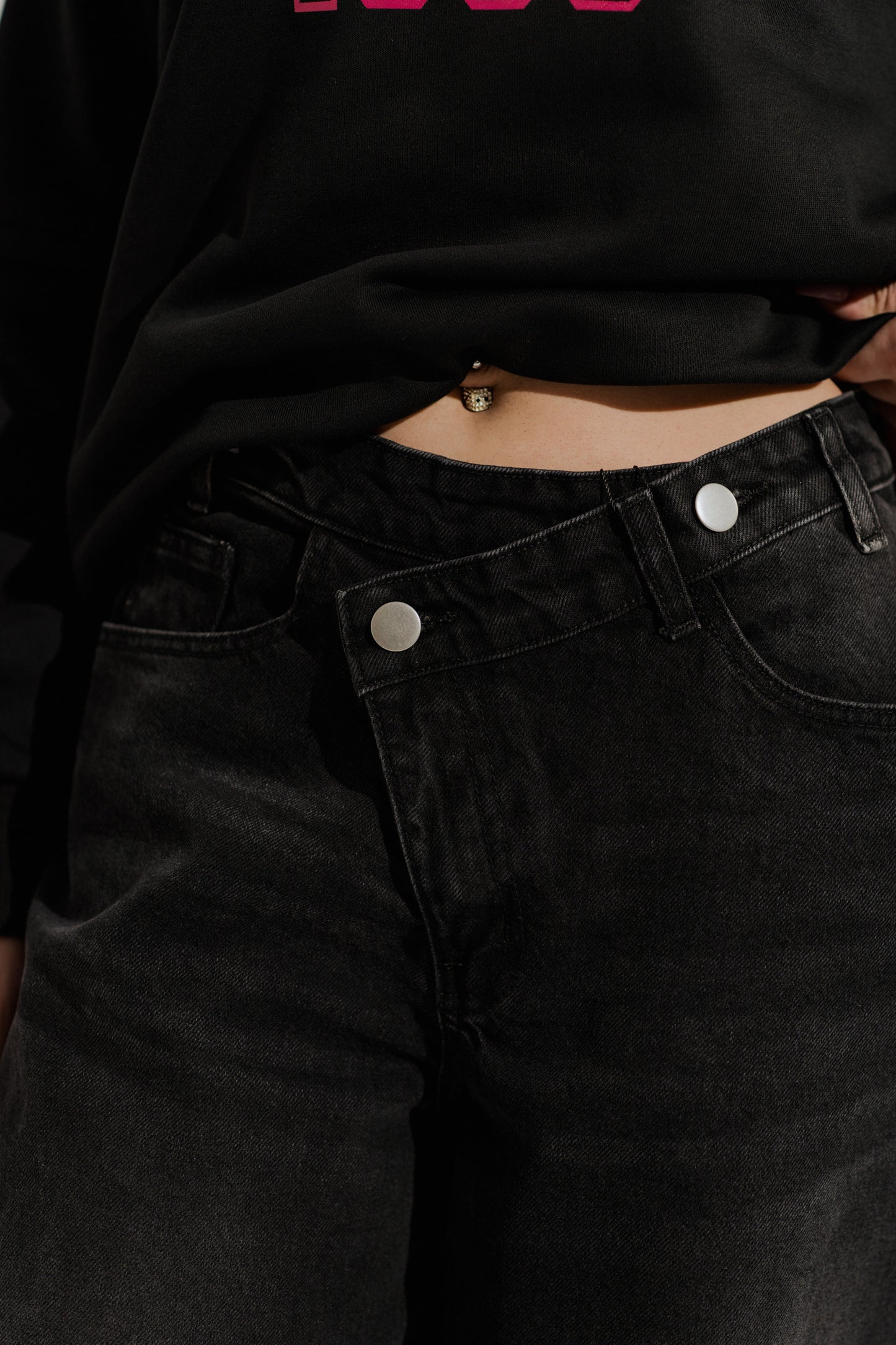 Black Asymmetrical Waist Band Wide Leg Jeans - Hustle N Holla