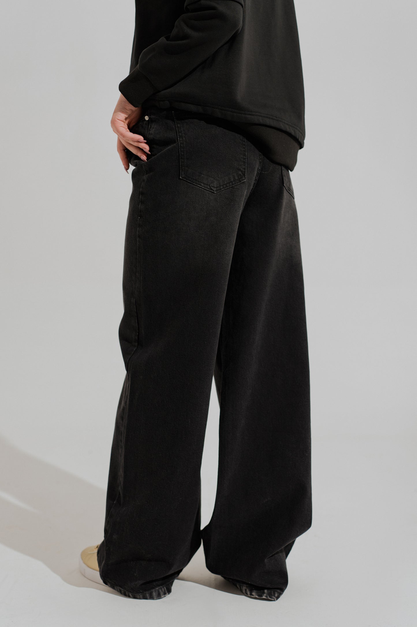 Black Asymmetrical Waist Band Wide Leg Jeans - Hustle N Holla