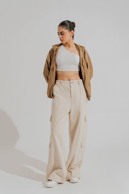Beige Twill Wide Leg Pants with Cargo Pockets - Hustle N Holla