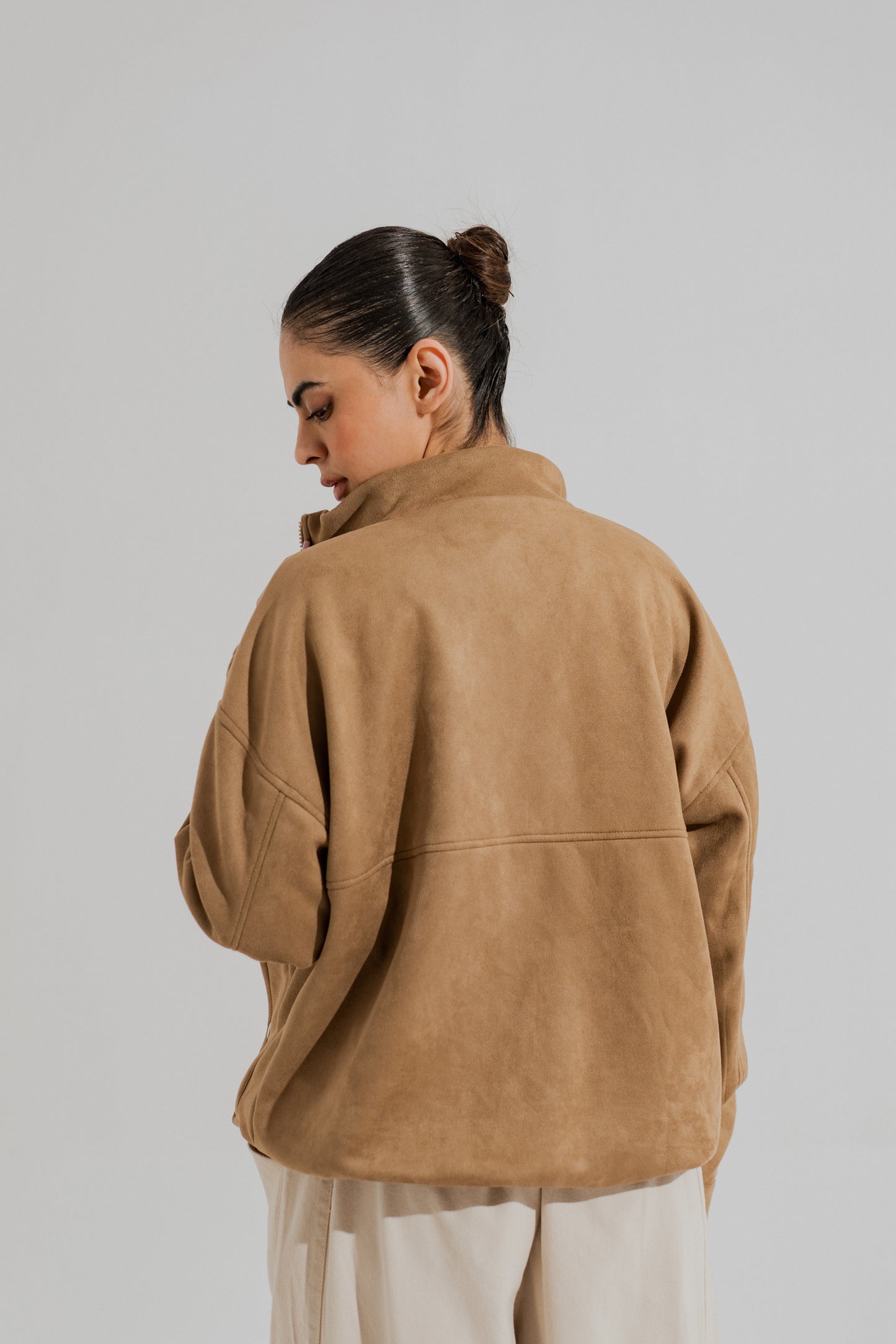 Tan Oversized Mock Neck Suede Jacket - Hustle N Holla