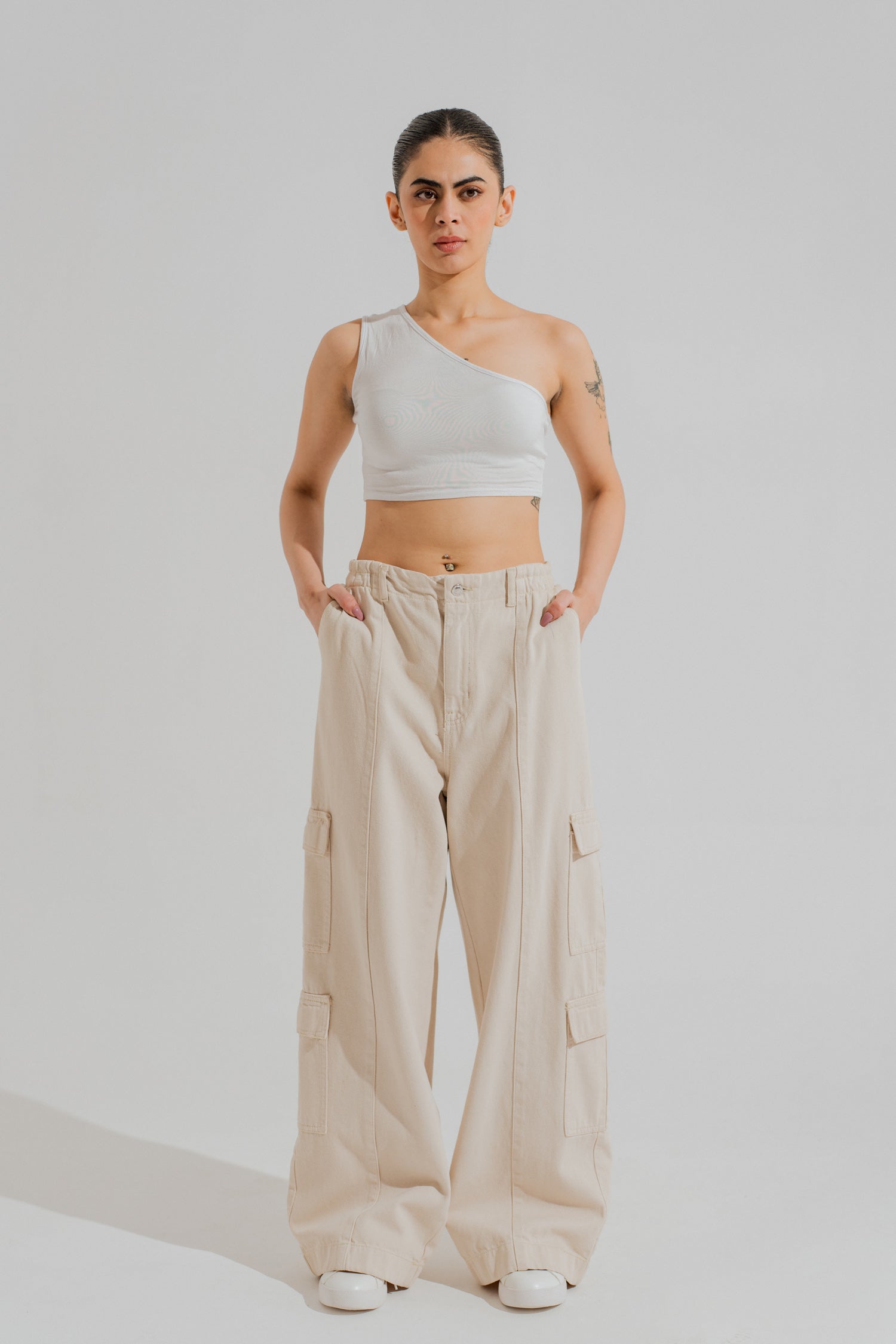 Beige Twill Wide Leg Pants with Cargo Pockets