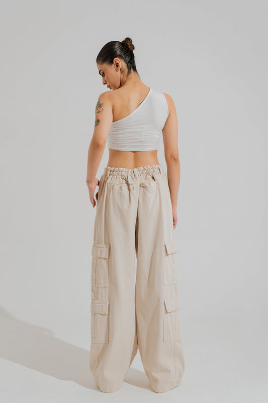 Beige Twill Wide Leg Pants with Cargo Pockets - Hustle N Holla