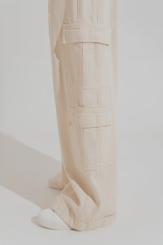 Beige Twill Wide Leg Pants with Cargo Pockets - Hustle N Holla