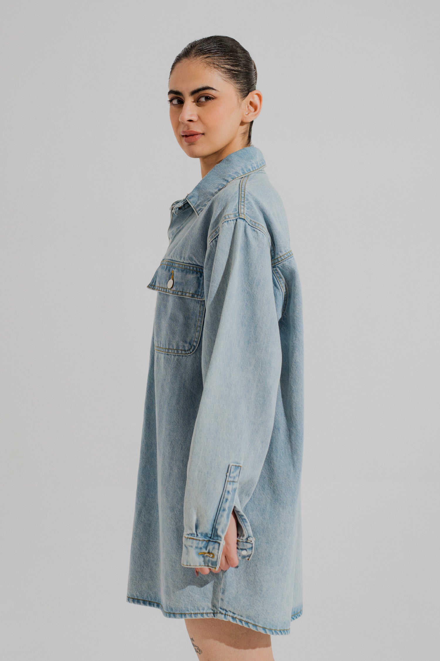 Light Wash Oversized Fit Denim Over Shirt - Hustle N Holla