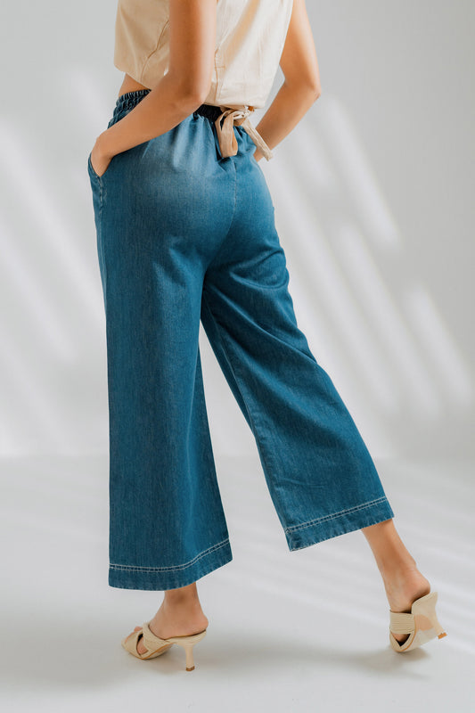 Chambray Cropped Wide Leg Pants - Hustle N Holla