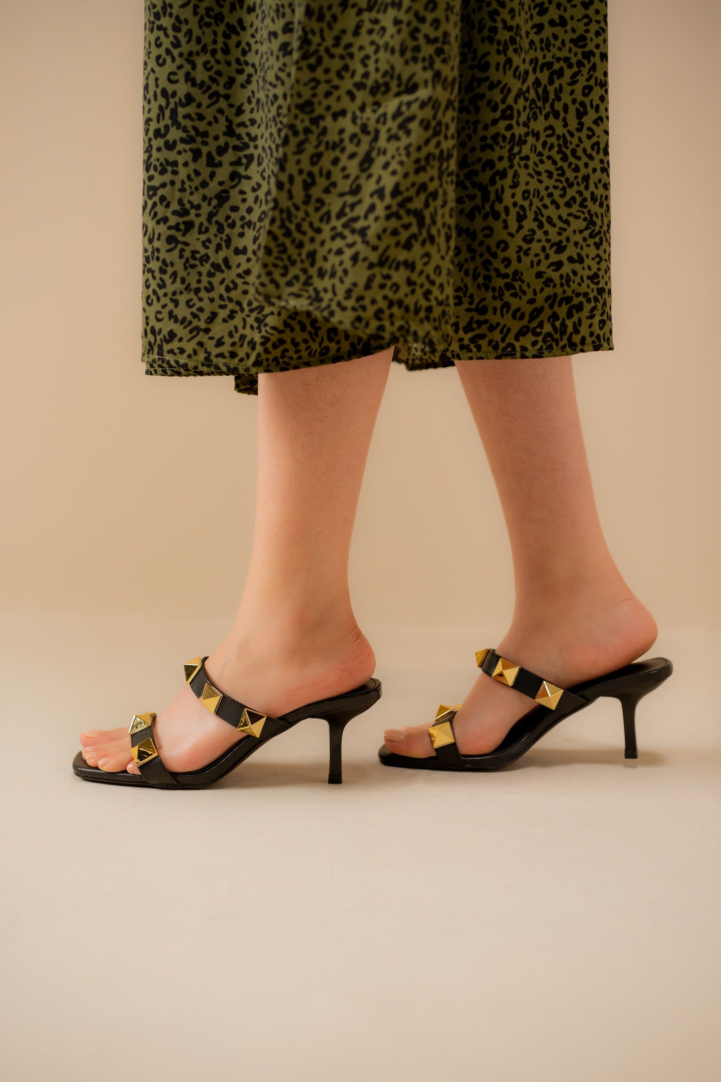 Black Double Strap Stud Heels