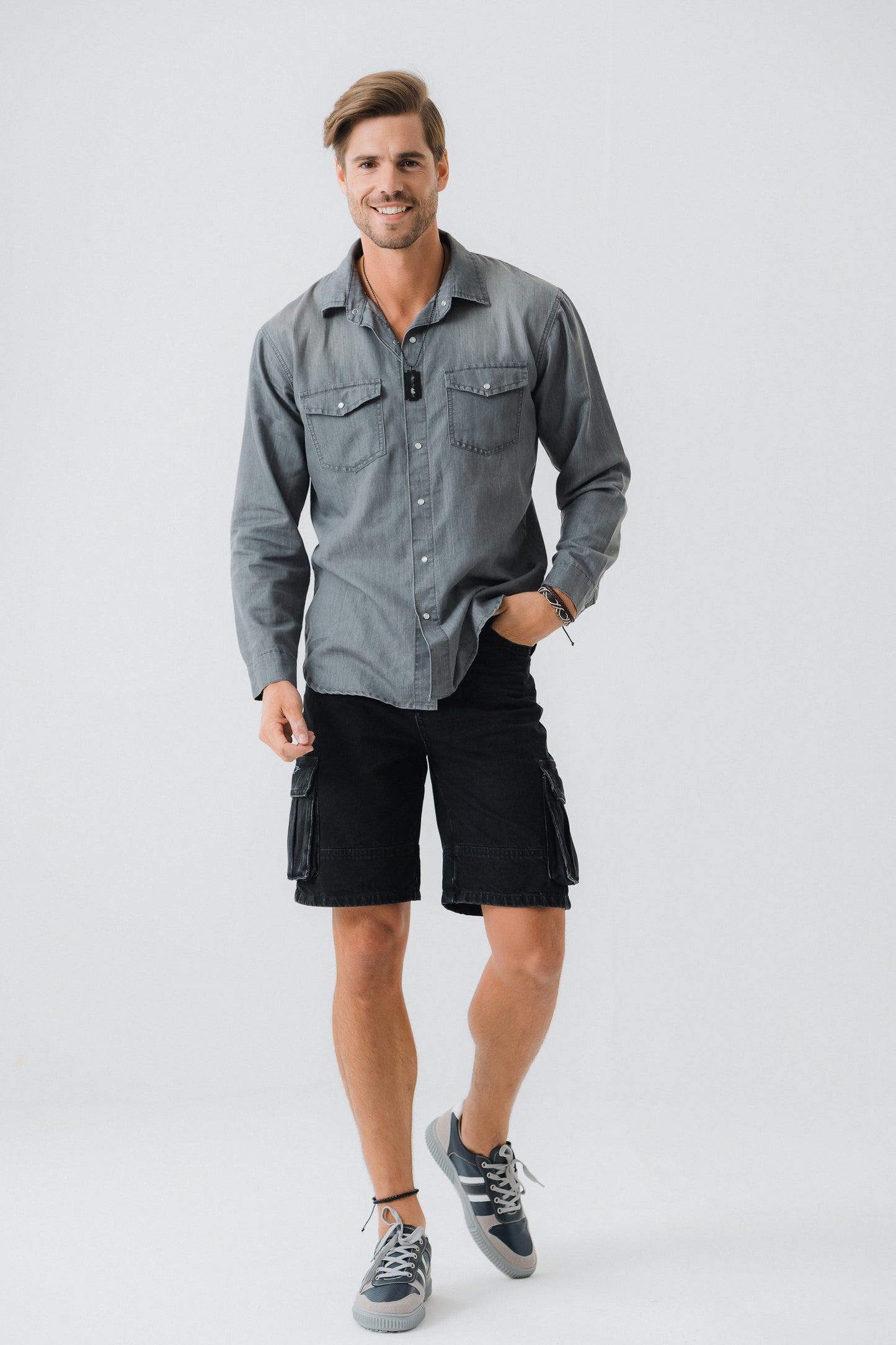 Light Grey Regular Fit Chambray Shirt - Hustle N Holla