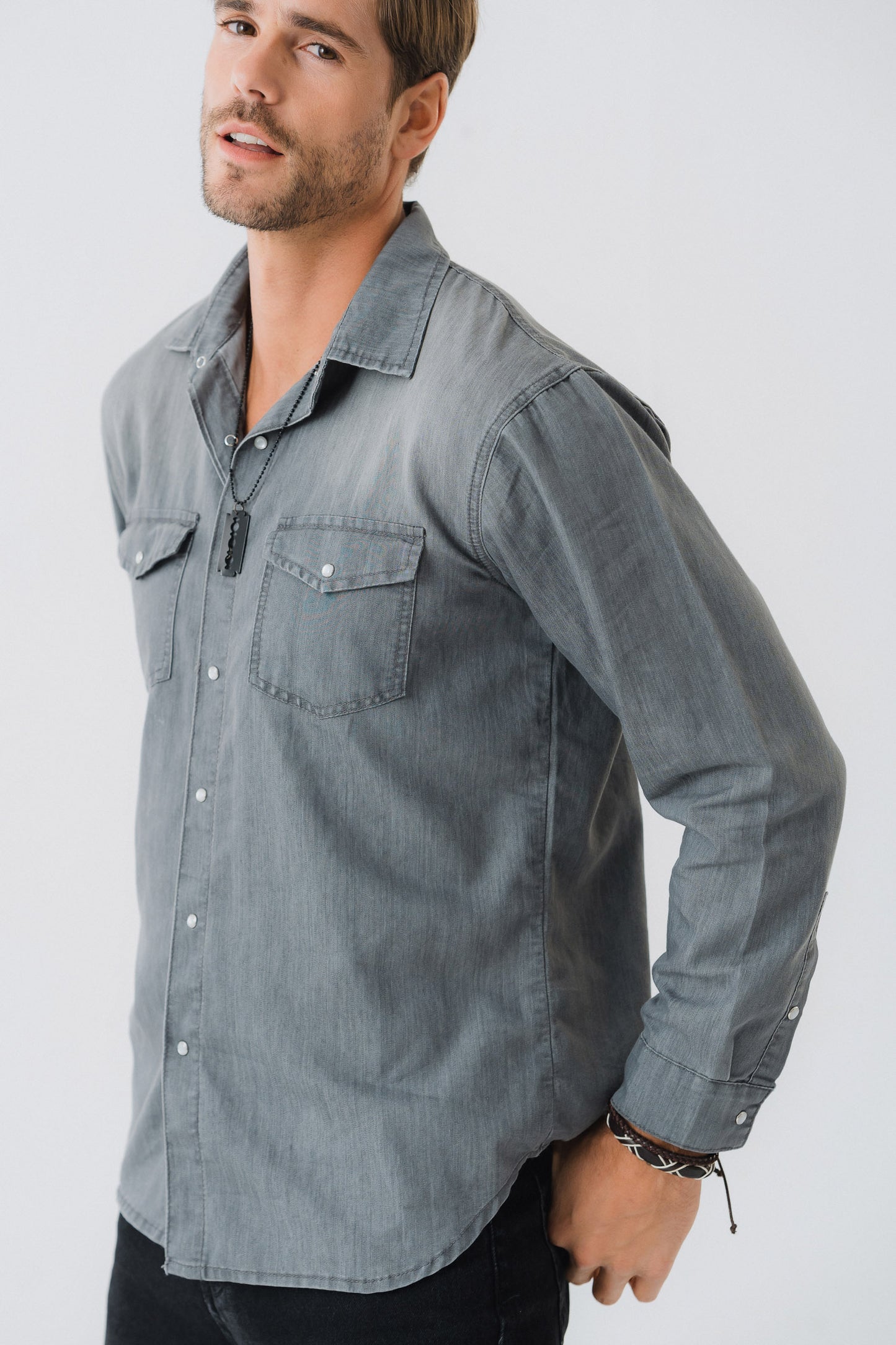 Light Grey Regular Fit Chambray Shirt - Hustle N Holla