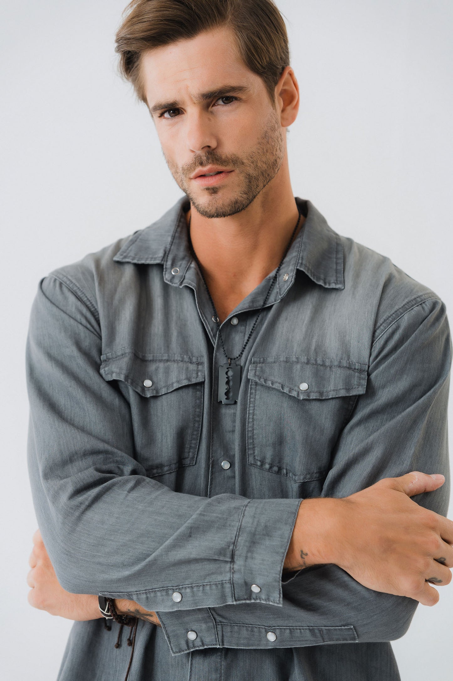 Light Grey Regular Fit Chambray Shirt - Hustle N Holla