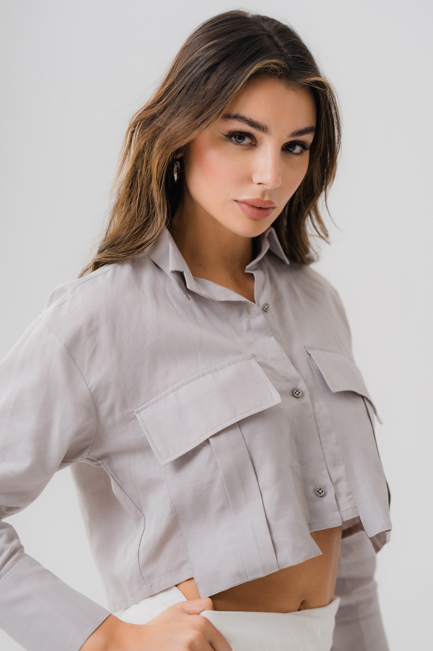 Grey Linen Cropped Shirt - Hustle N Holla