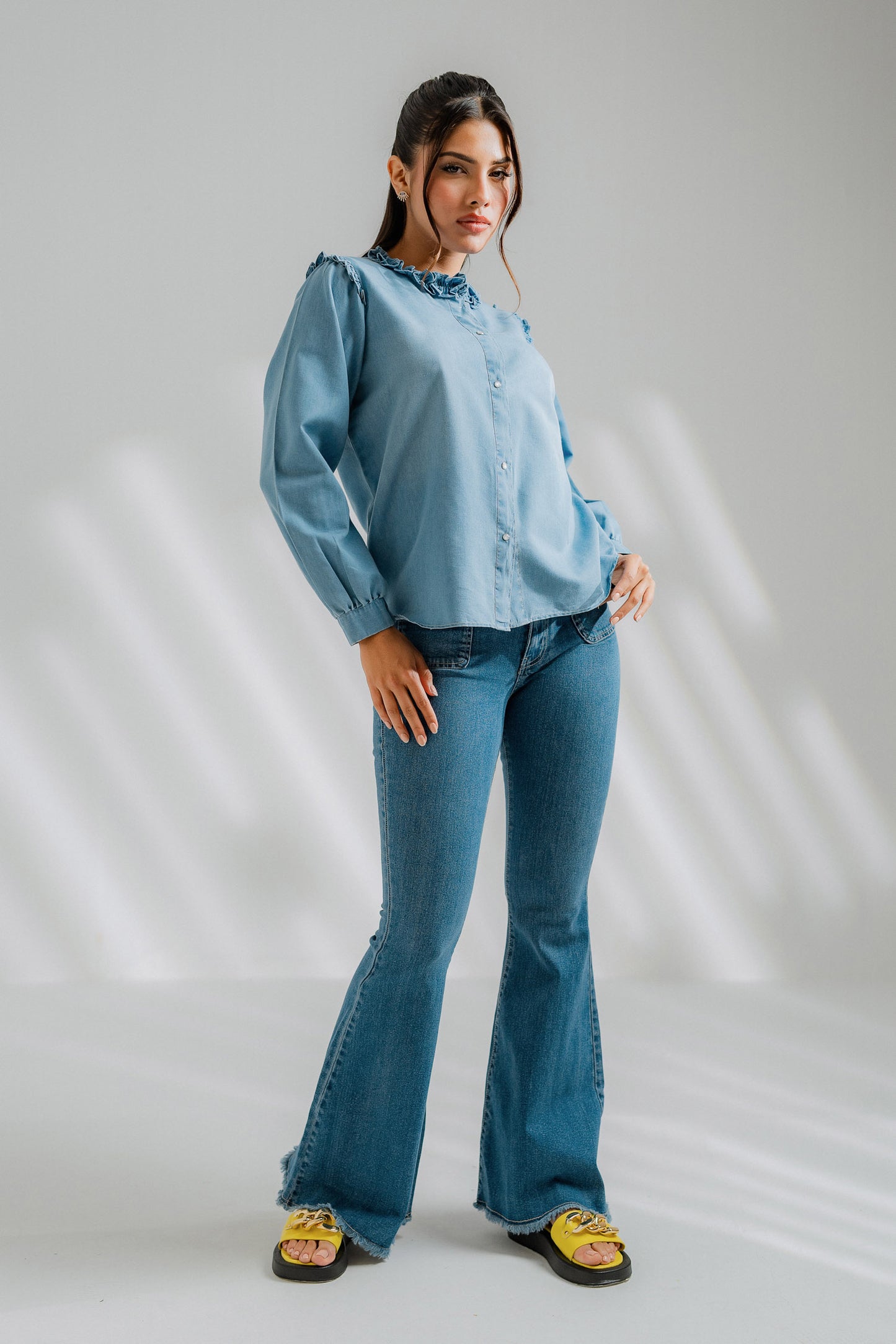 Chambray Ruffle Shirt - Hustle N Holla