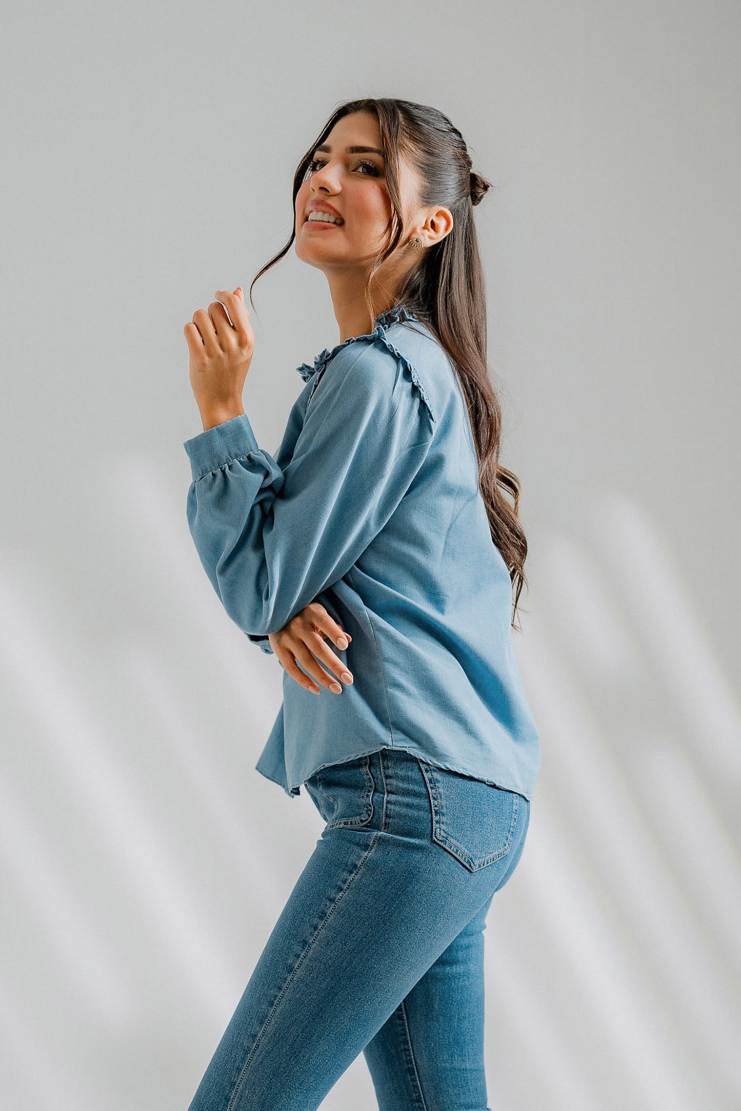 Chambray Ruffle Shirt - Hustle N Holla