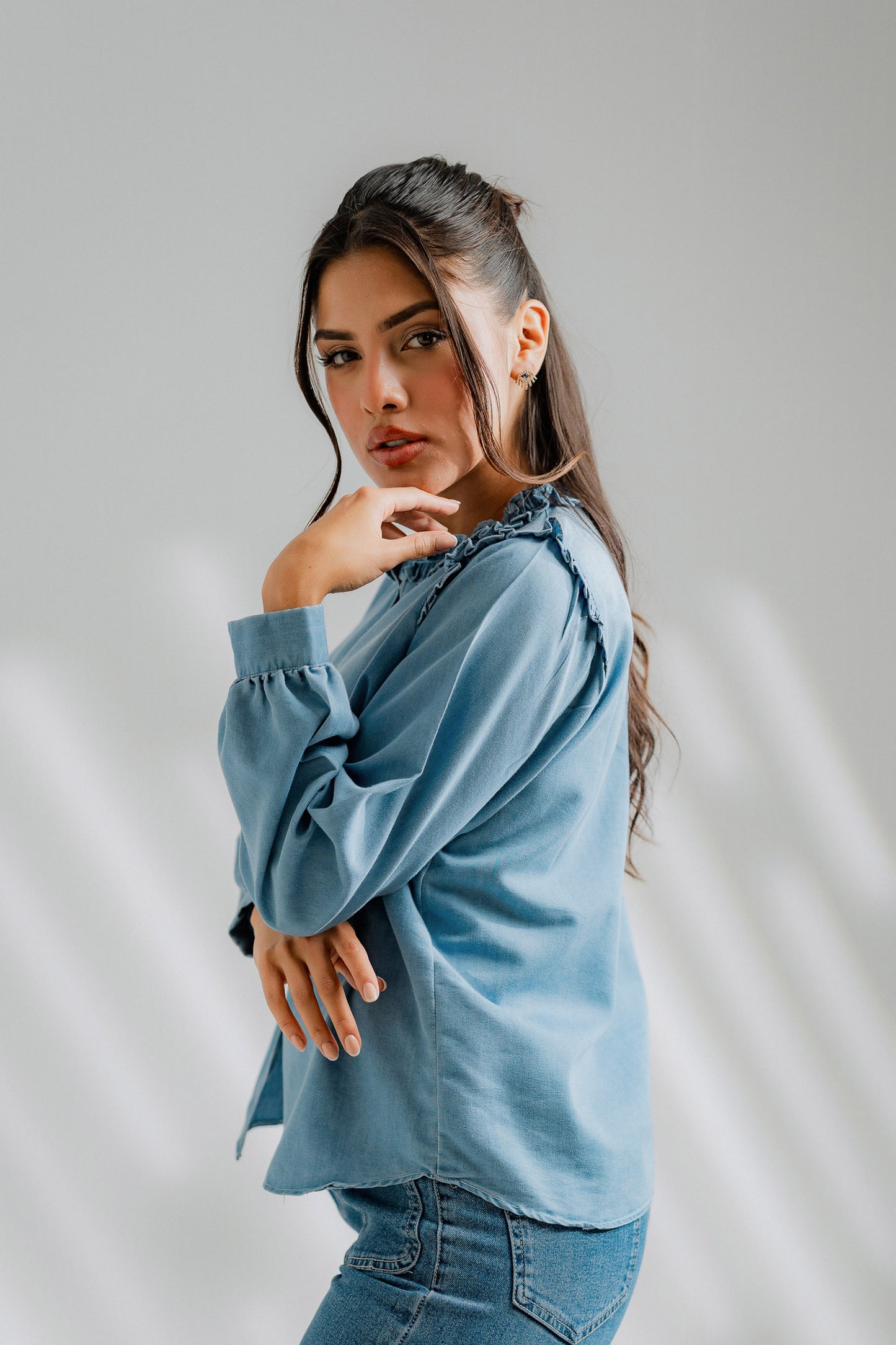 Chambray Ruffle Shirt - Hustle N Holla