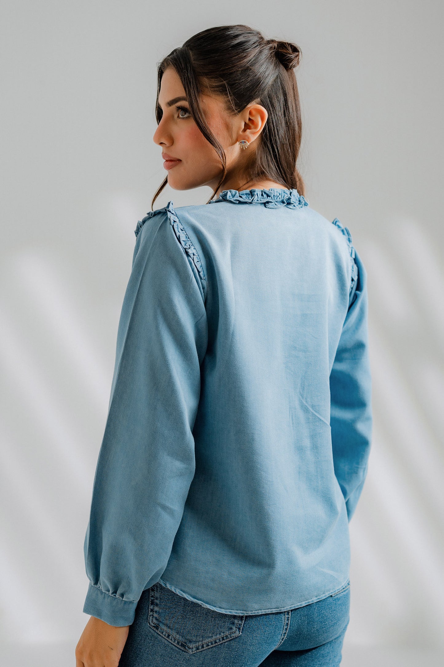 Chambray Ruffle Shirt - Hustle N Holla