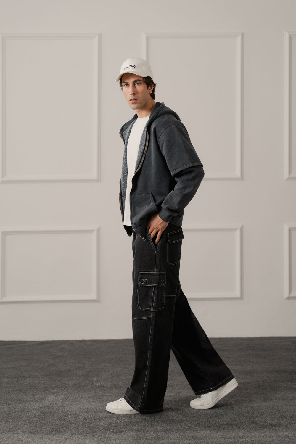 Grey Acid Washed Relaxed Fit Zipper Hoodie - Hustle N Holla