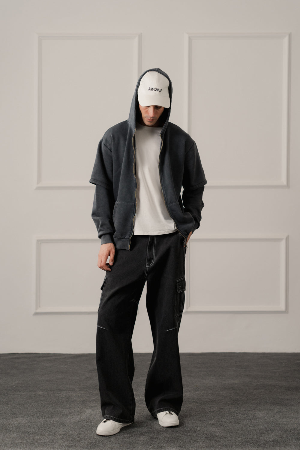 Grey Acid Washed Relaxed Fit Zipper Hoodie - Hustle N Holla