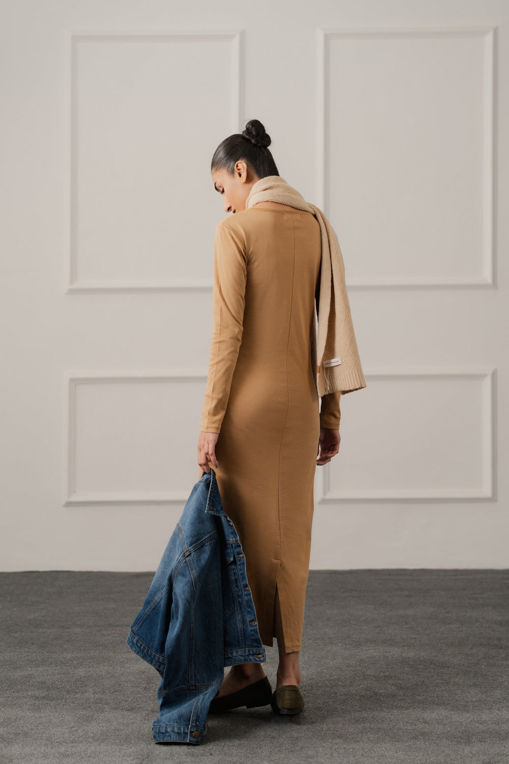 Beige Basic Long Sleeves Midi Dress - Hustle N Holla