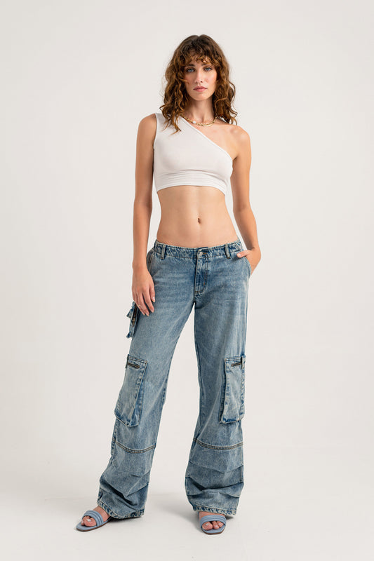 Acid Blue Low Rise Cargo Jeans - Hustle N Holla