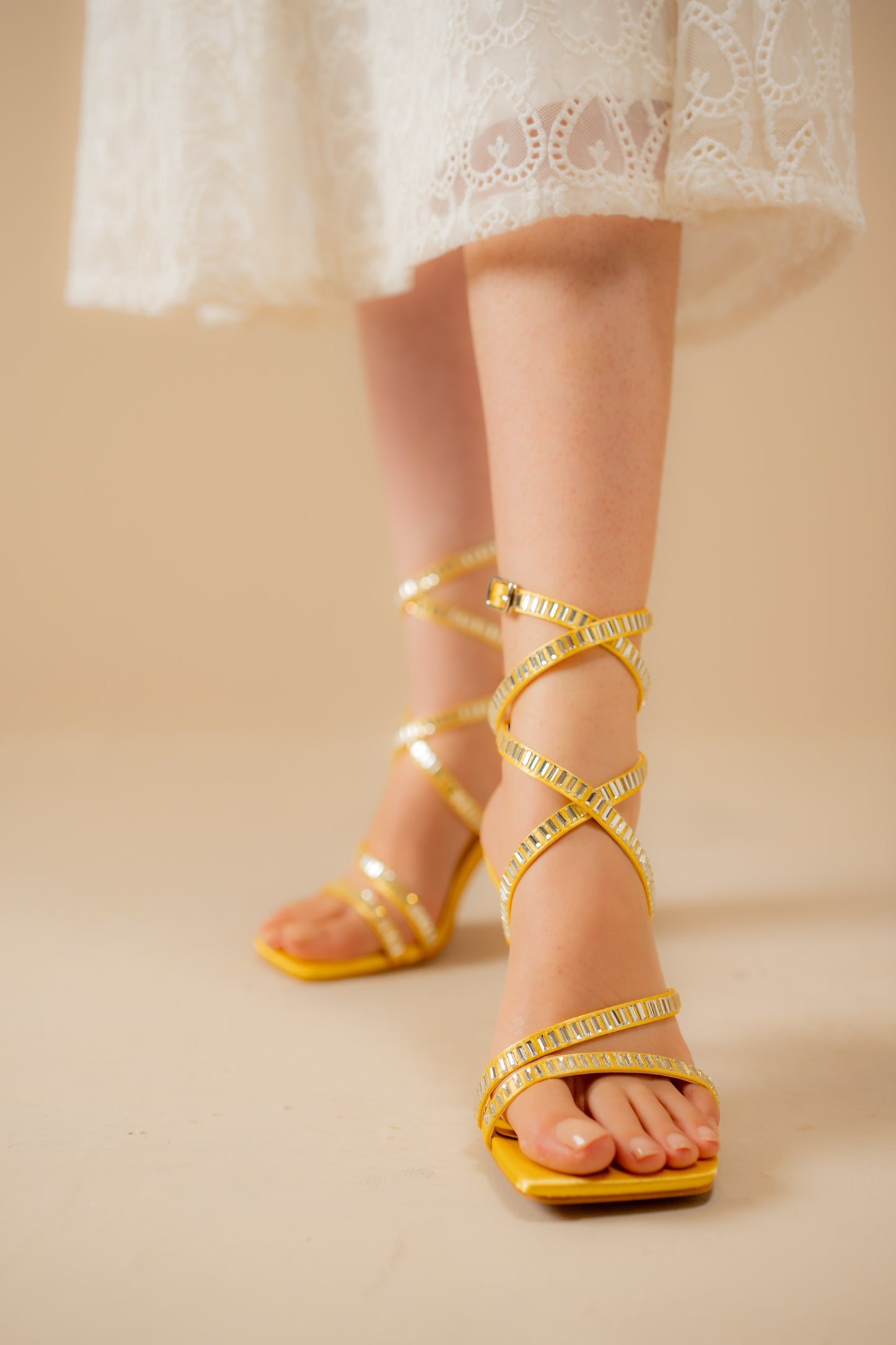 Lemon Embellished Strappy Heels