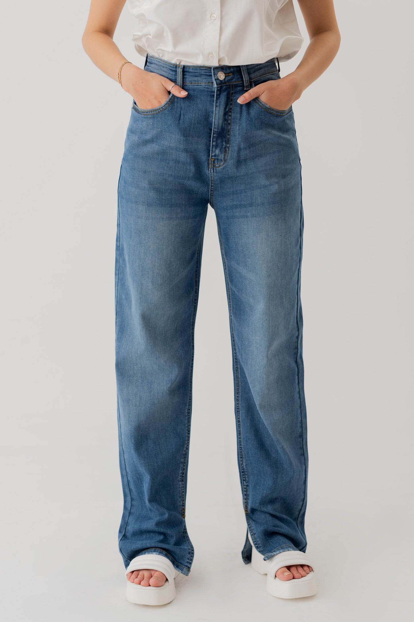 Mid Wash Straight Jeans With Side Vents - Hustle N Holla