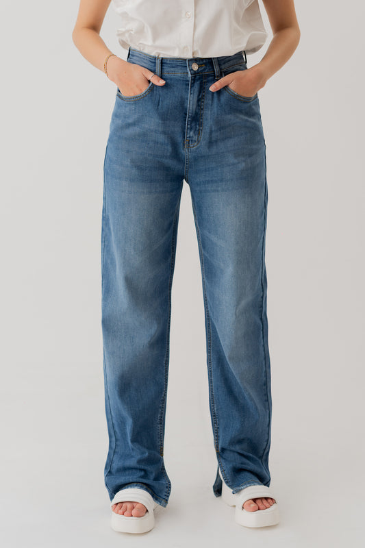 Mid Wash Straight Jeans With Side Vents - Hustle N Holla