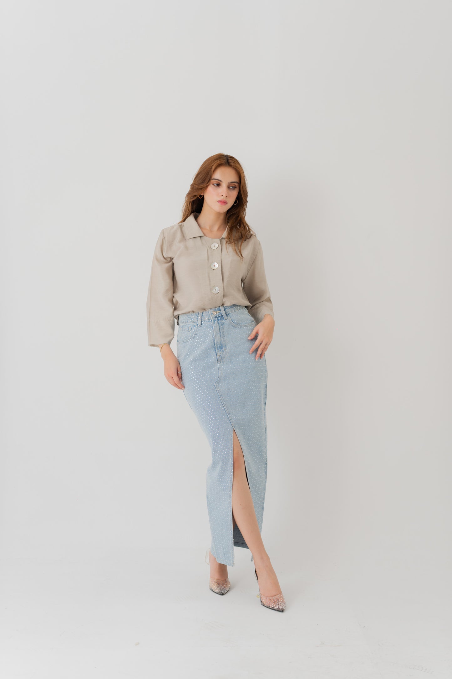 Light Wash Embellished Denim Maxi Skirt With Front Slit - Hustle N Holla