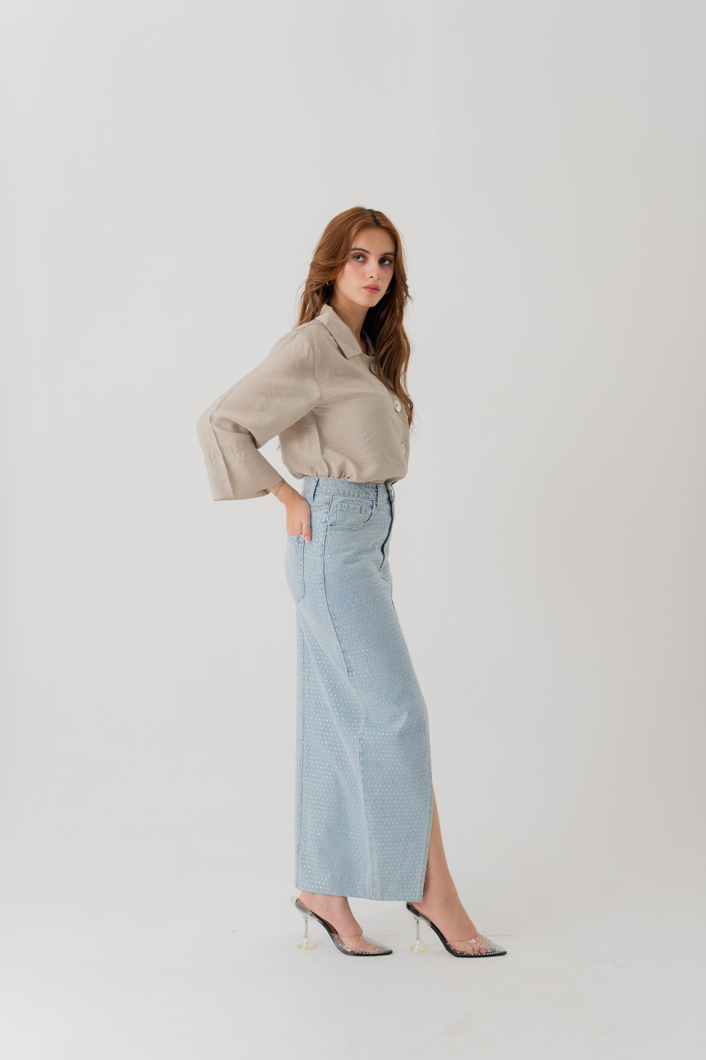 Light Wash Embellished Denim Maxi Skirt with Front Slit - Hustle N Holla