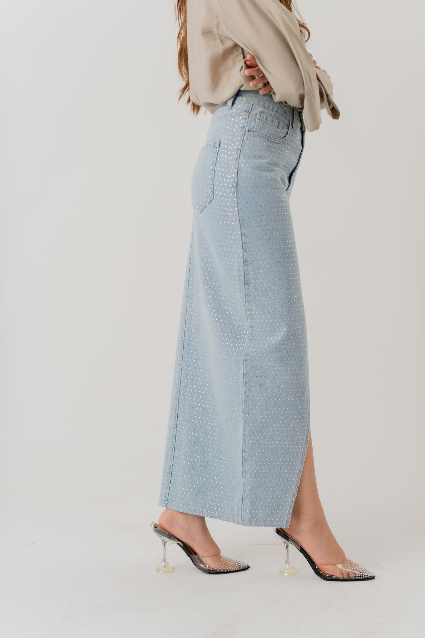 Light Wash Embellished Denim Maxi Skirt with Front Slit - Hustle N Holla