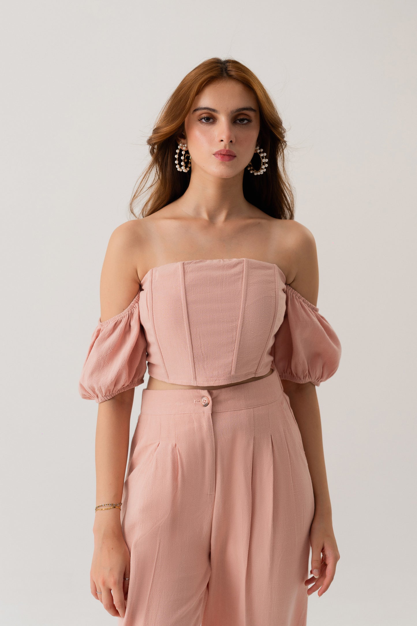 PEACH LINEN OFF SHOULDER CROPPED CORSET TOP - Hustle N Holla