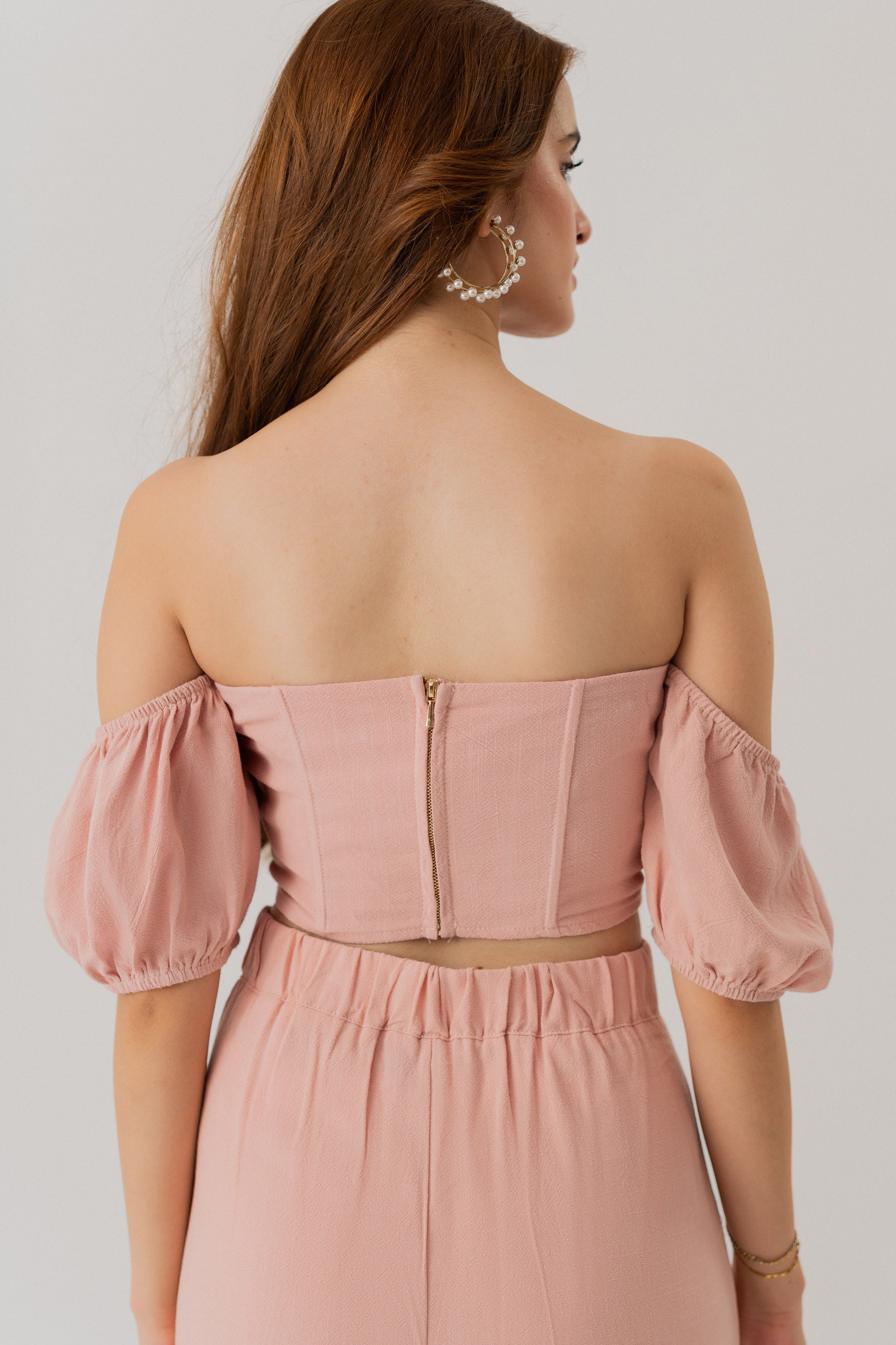 Peach Linen Off Shoulder Cropped Corset TOP - Hustle N Holla
