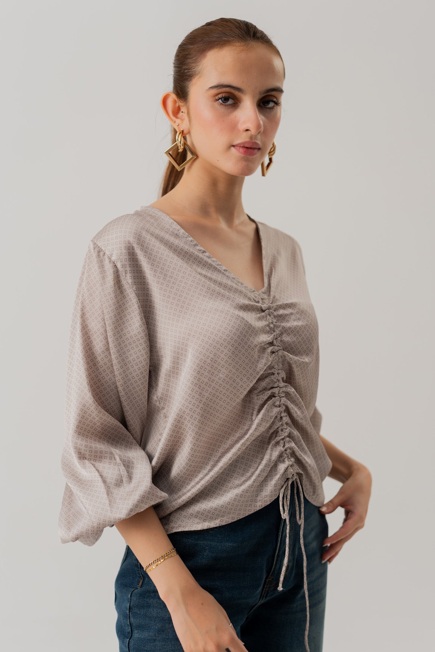 Grey Loose Fit Front Tie Blouse - Hustle N Holla